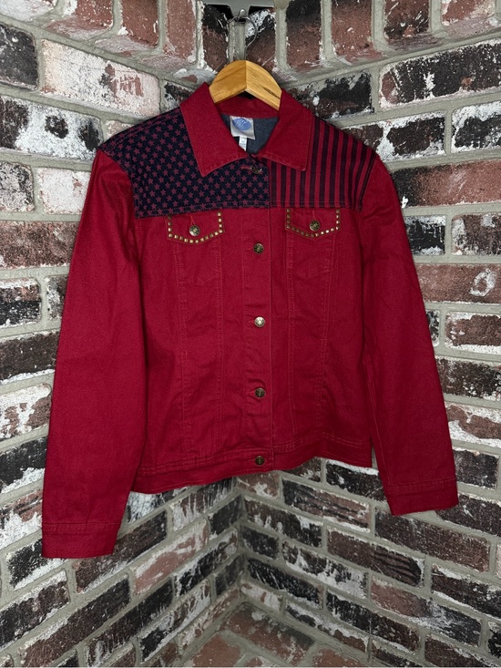 DG2 by Diane Gilman Jackets & Blazers - DG2 Red Denim Jean Collared USA Flag Stars and Stipes Button Up Jacket